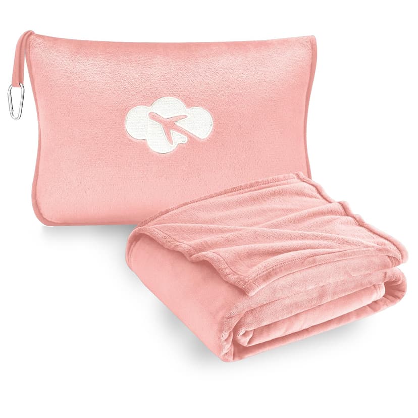 Travel Blanket and Pillow Compact, Premium Soft 2 in 1 Airplane Blanket with Soft Bag Pillowcase,Hand Luggage Sleeve and Backpack Clip (Solid Pink)