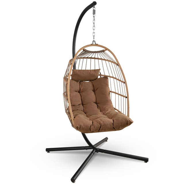 SereneLife Egg Chair with Stand – Hanging Rattan Wicker Swing for Indoor Outdoor Use – 350 lbs Capacity, Breathable Cushion & Headrest – Patio, Balcony, Porch, Bedroom Lounge Furniture