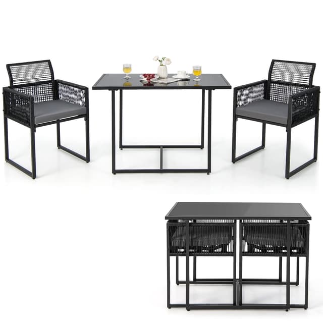 Tangkula 3 Pieces Outdoor Dining Set, Patio PE Rattan Furniture Set with Folding Backrest, Cozy Seat Cushions, Tempered Glass Tabletop, Space-Saving Rattan Chair Table Set for Backyard, Poolside