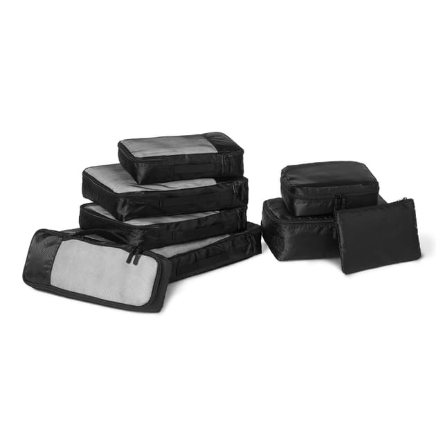 Amazon Essentials 8-Piece Packing Cubes Travel Accessories Set, Luggage Organiser with Double Zip, 100% Polyester, Multiple Dimensions, Black