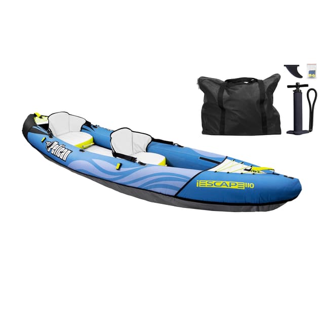 Pelican iESCAPE 110 Inflatable Convertible Kayak - Recreational Single or Tandem Kayak - Compact, Stable and Fun All in One - Transport Bag & Pump Included - 11 ft - Blue