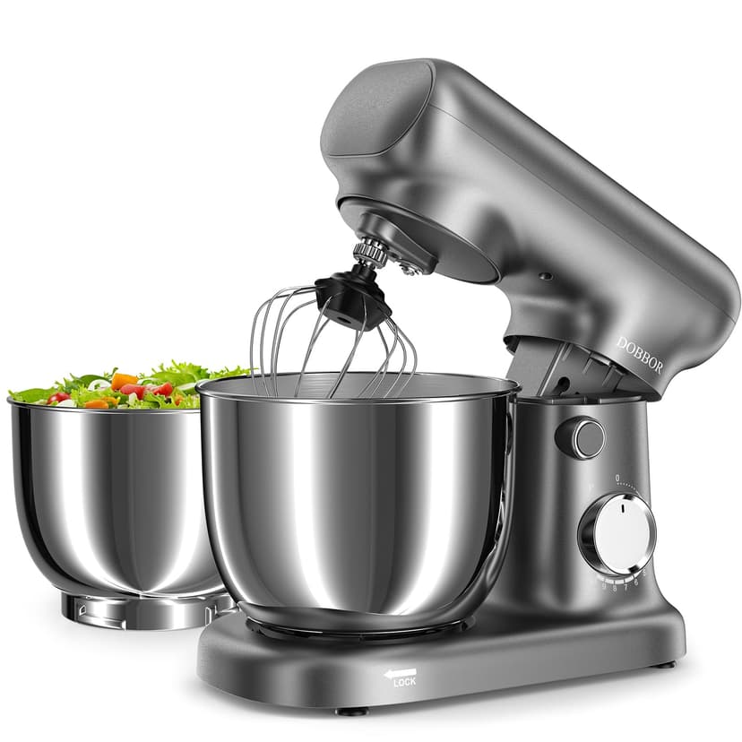Stand Mixer with 3QT+3.5QT Dual Bowls, 10-Speed Electric 300W Food Mixer - Includes Egg Whisk, Dough Hook & Flat Beater for Home Baking & Daily Cooking (GraySilver)