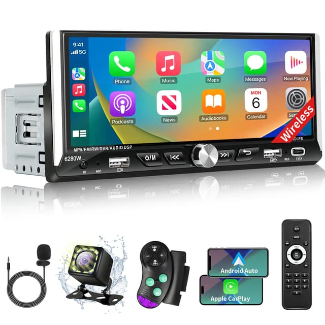 Single Din Car Stereo with Wireless Apple Carplay Android Auto, 6.9" IPS Touchscreen Car Stereo with Bluetooth 5.2 Handsfree Mirror Link Backup Camera GPS Navigation Dual USB Fast Charge FM AM EQ SWC