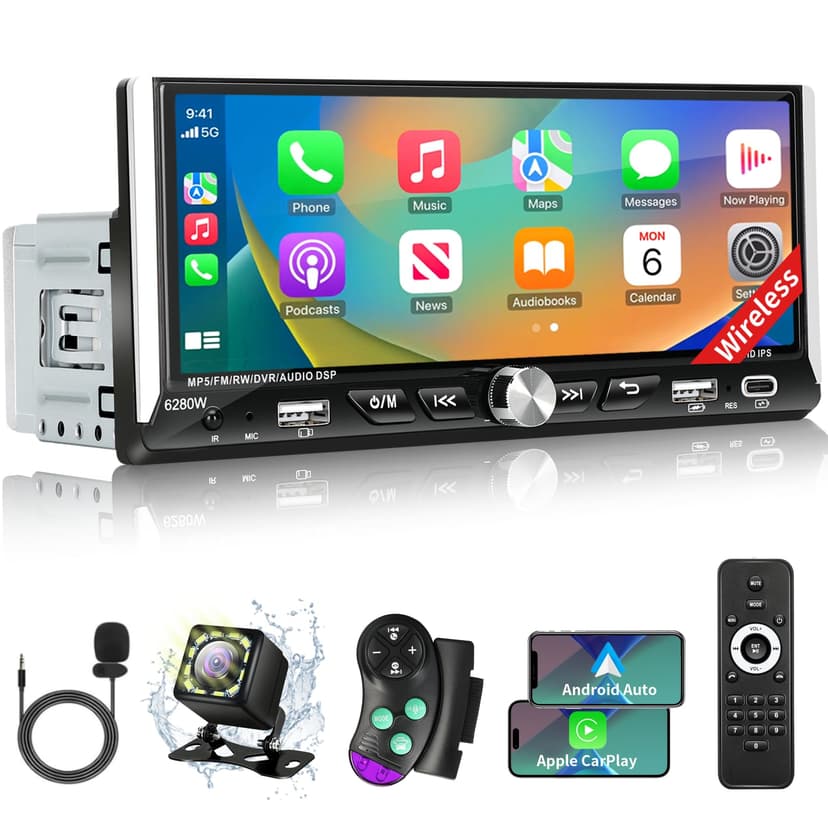 Single Din Car Stereo with Wireless Apple Carplay Android Auto, 6.9" IPS Touchscreen Car Stereo with Bluetooth 5.2 Handsfree Mirror Link Backup Camera GPS Navigation Dual USB Fast Charge FM AM EQ SWC