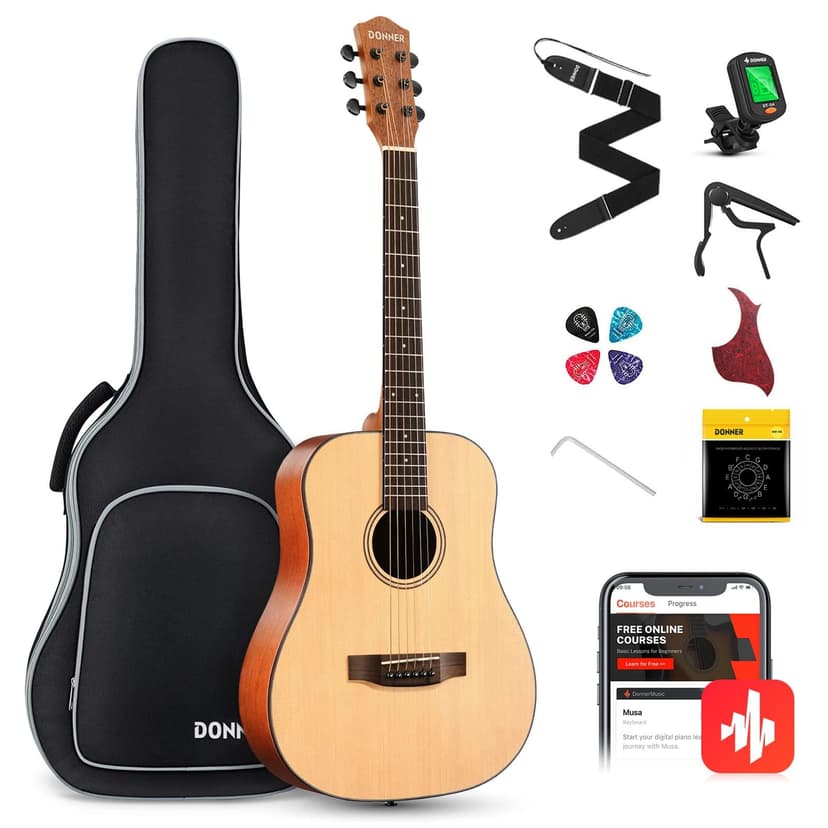 Donner 3/4 Acoustic Guitar Kit 36 Inch Dreadnought Acustica Guitarra Bundle for Beginner Adult Youth Travel With Steel String Spruce Wood Gig Bag Tuner Pickguard Right Hand
