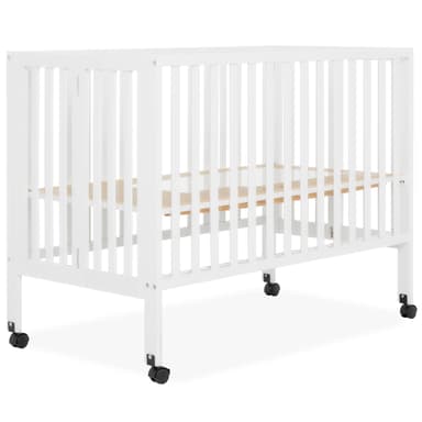 Dream On Me Folding Full-Size Convenience Baby Crib in White, GreenGuard Gold & JPMA, Portable, Patented Quick Folding System, Heavy Duty Wheels, 2 Adjustable Mattress Heights