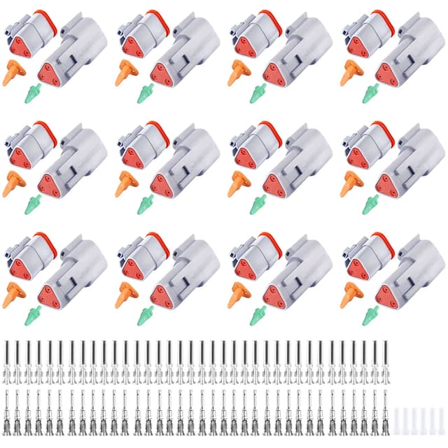 126PCS 3 Pin Way Deutsch DT Gray Connector 12 Set,Size 16 Solid Contacts Waterproof Electrical Wire Connector with Seal Plug for Truck, Off-Road Vehicles, Marine, Motorcycle Wiring