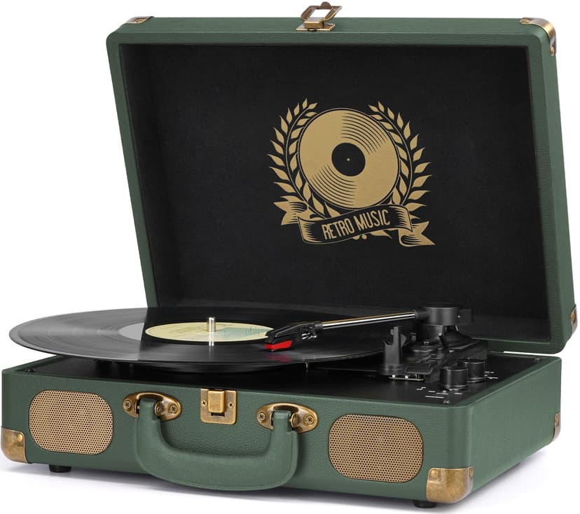 Vinyl Record Player Bluetooth Turntable 3-Speed Suitcase Portable Vintage Belt-Driven Record Player with Built-in Speakers RCA Line Out AUX in Headphone Jack Military Green