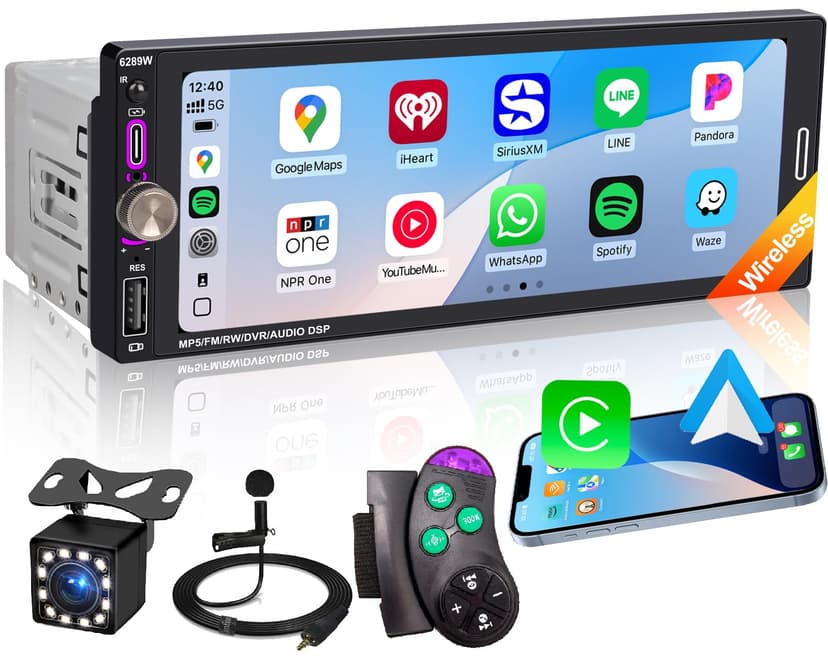 6.9" Single DIN Car Radio with Wireless Apple CarPlay, Car Bluetooth 5.2, AM FM Radio, IPS Touchscreen 1280x480, Backup Camera, Type-C Fast Charging, USB, 180W Subwoofer, Android Auto, GPS Navigation
