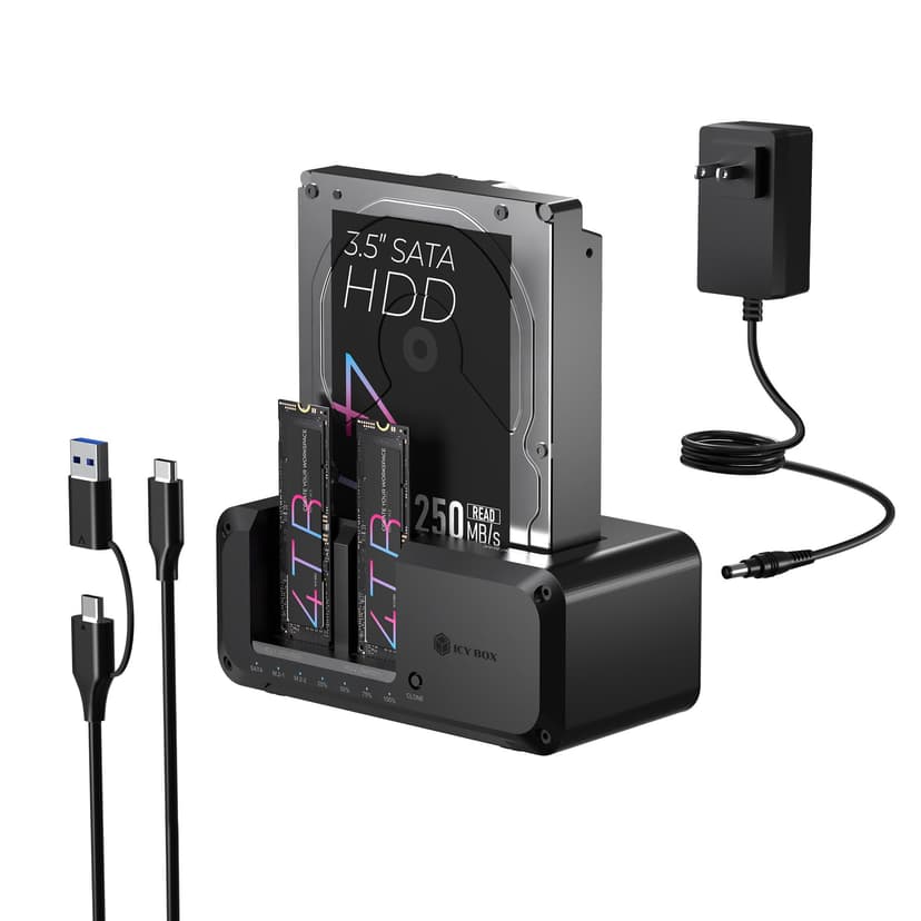 M.2 NVMe & SATA SSD/HDD Hard Drive Docking Station, ICY BOX USB-C 10Gbps NVMe Cloner&Reader, TripleBay Hard Drive cloner for 2.5"/3.5" SSD&HDD Hard Drives, Offline Cloning, Tool-Free (3 Bay)