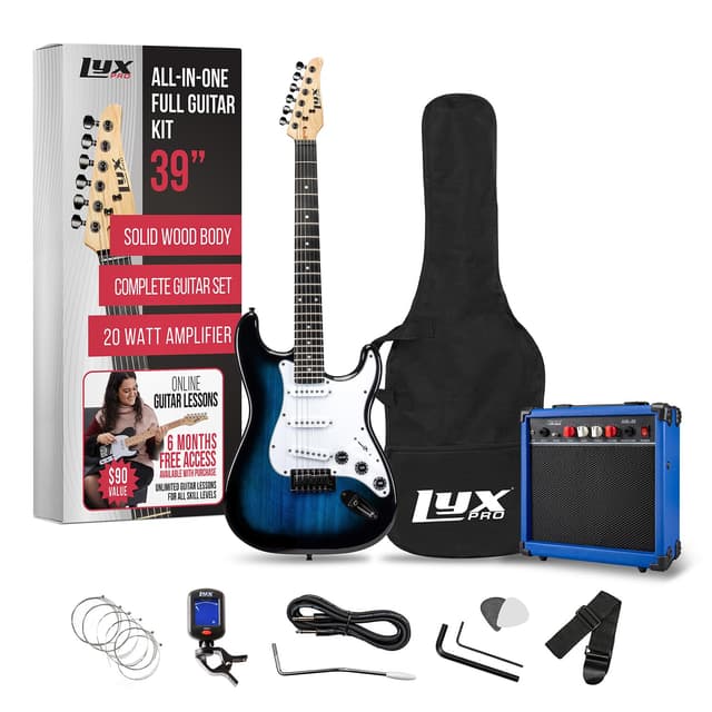 LyxPro 39 inch Electric Guitar Kit Bundle with 20w Amplifier, All Accessories, Digital Clip On Tuner, Six Strings, Two Picks, Tremolo Bar, Shoulder Strap, Case Bag Starter kit Full Size - Blue