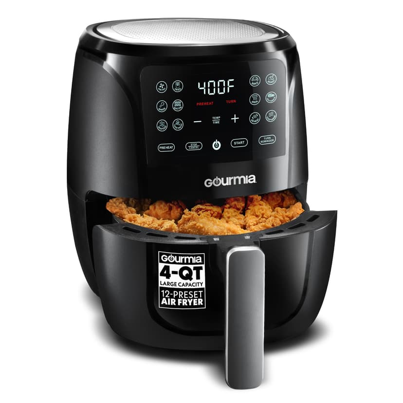 Gourmia Air Fryer - 4 Qt Capacity, FryForce360º, Digital Display with 8 Presets, Roast, Bake, Broil, Dehydrate, Dishwasher Safe Accessories, Compact, Black