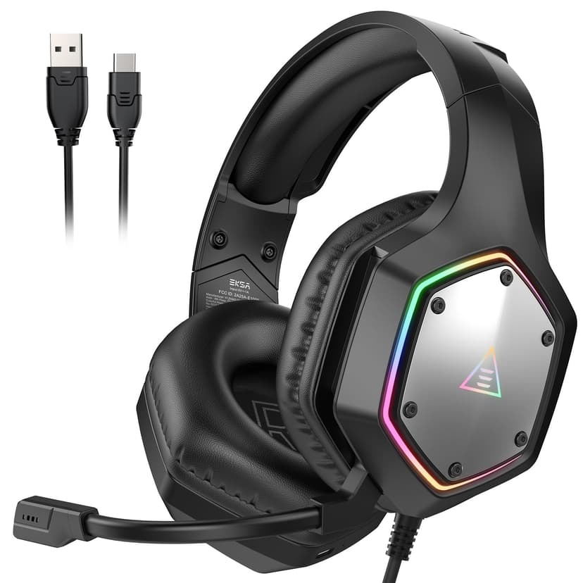 EKSA E1000 V2 Gaming Headset, PC Headset with USB C Plug, Wired Headphones with Noise Canceling Microphone, 7.1 Surround Sound, RGB Light, include USB Adapter for Computer,Mac, PS4/PS5 Console, Laptop