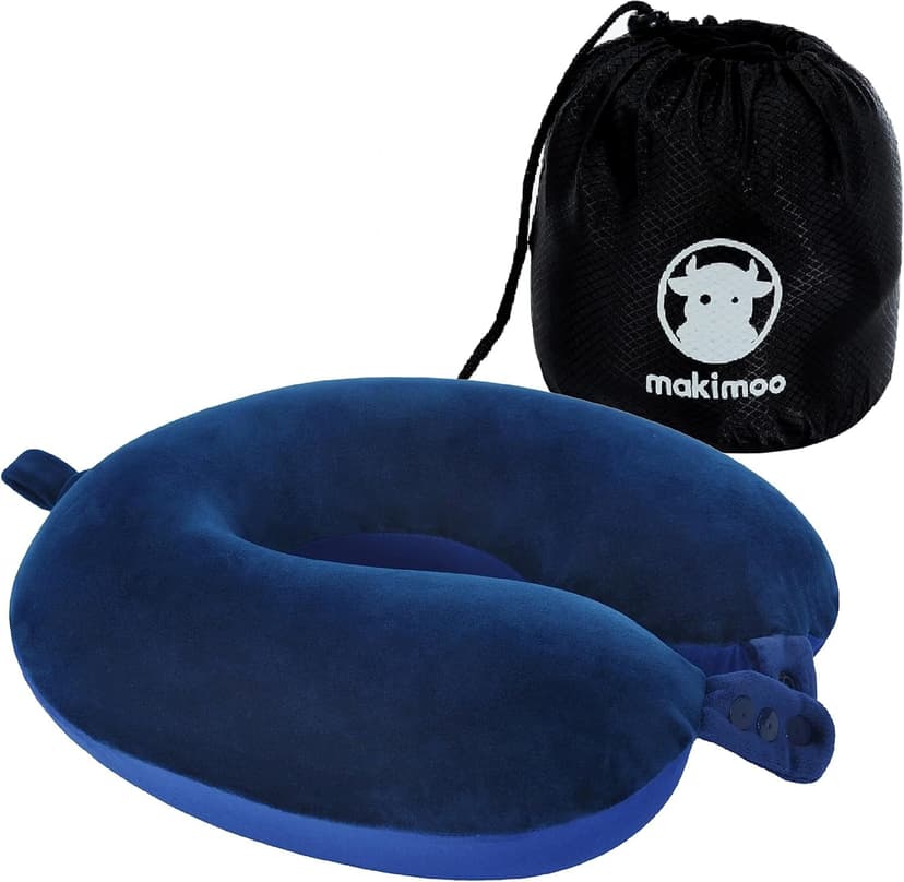 Makimoo Travel Neck Pillow, Top Memory Foam Pillow for Head Support, Ideal for Airplanes, Cars, and Home Recliners, Adjustable and Soft (Blue)