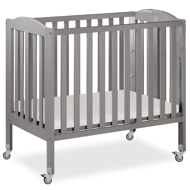 Dream On Me 3-in-1 Portable Folding Stationary Side Mini Baby Crib in Steel Grey & Mattress, GreenGuard Gold & BSA, Use as Changer & Playpen, Locking Wheels, 3 Mattress Heights, Extra Firm Mattress