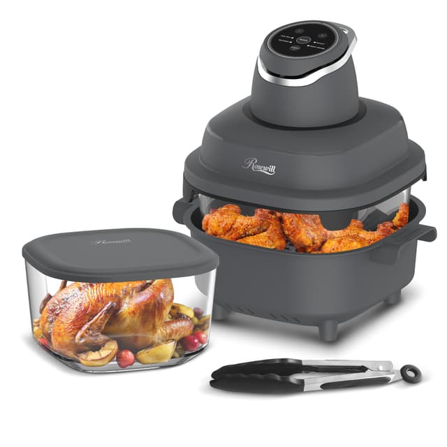 Rosewill 4-in-1 Portable Glass Air Fryer, 4.7QT Transparent Glass Cooking Pot with Storage Lid & Tongs, Compact Smart for Deep Roast, Recrisp, Keep Warm – Dark Grey