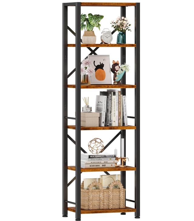 Furologee 6 Tier Tall Bookshelf, Industrial Narrow Bookcase, Display Standing Shelf Units, Metal and Wood Storage Rack Organizer for Living Room, Home Office, Entryway, Kitchen, Rustic Brown