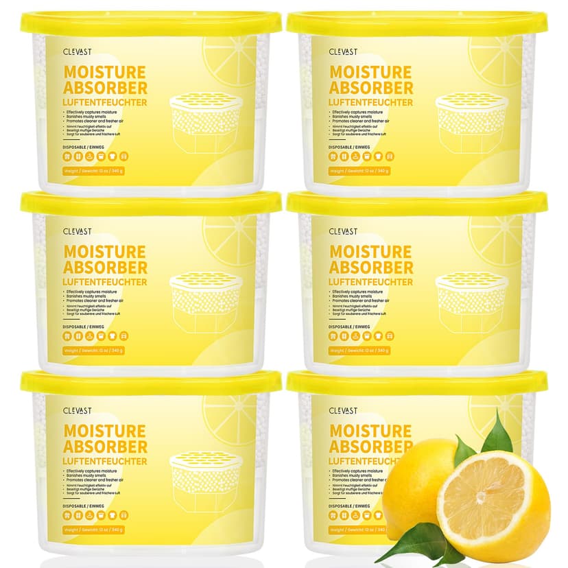 CLEVAST Moisture Absorber Boxes 6 Pack, 12 Oz Dehumidifier for Closet & Bathroom, Humidity Absorber for Wardrobe, Bedroom, RV & Car, Moisture Control, Lemon Scented