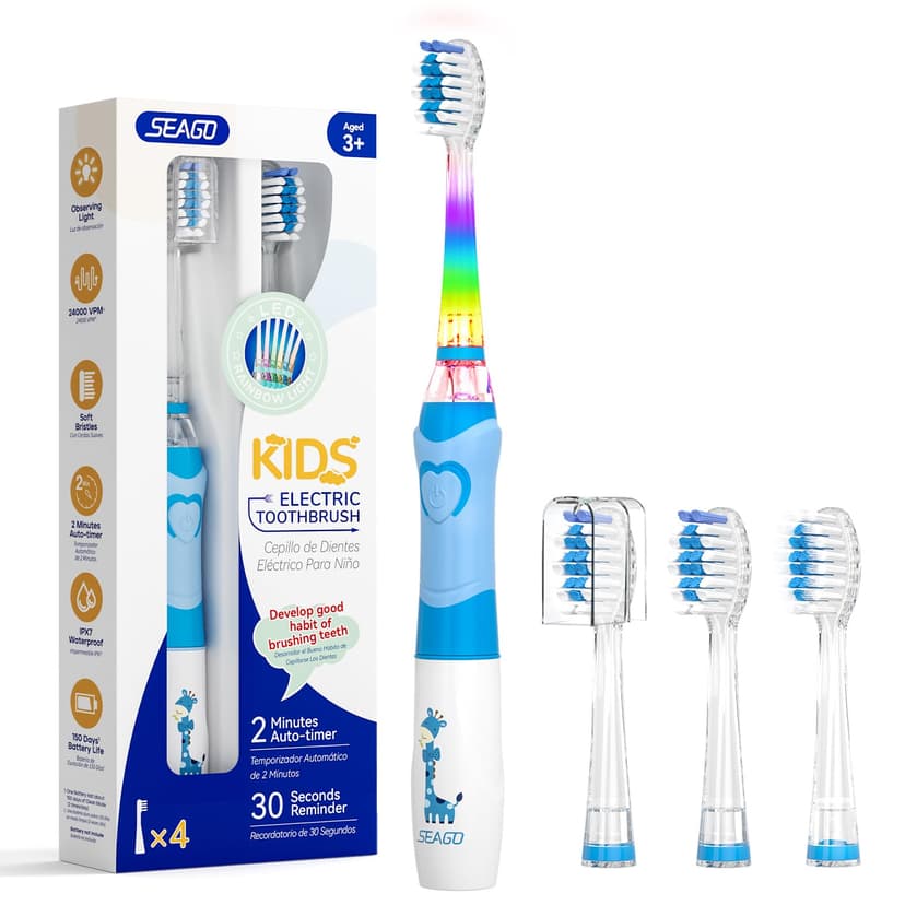 SEAGO Kids Electric Toothbrush with 2 Mins Brushing Timer and 4 Replacement Bursh Heads, Rainbow LED Light Make Brushing Fun, Boys Battery Powerd Toothbrush for 4-12 Years Old,SG-977 (Light Blue)