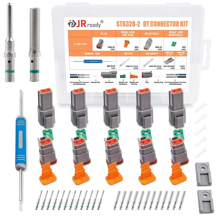 JRready Deutsch Connector 2 Pin Connector Kits with Size 16 Solid Contacts(14-20AWG), ST6328-2 DT Series Waterproof Connector 2 Pin 5 Sets and Deutsch Pin Removal Tool DRK-RT1B with Mounting Clips