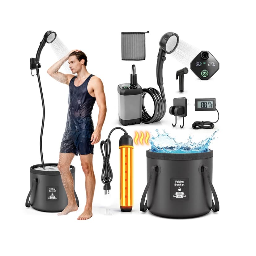 Portable Shower with Heater 1500W Camping Water Heater with Shower Head 3 Spray Modes, 6000mAh Rechargeable Shower Pump with LED Display Foldable Bucket Outdoor Showering for Hiking RV Car Travel Pet