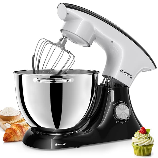 DOBBOR Stand Mixer,7.2-QT 6-Speed Tilt-Head Electric Stand Mixer,Kitchen Electric Mixer with Dough Hook, Wire Whip & Beater,Food Mixer for Baking, Cake and Most Home Cooks (Black White)