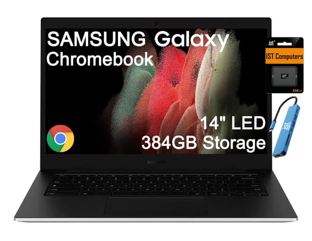Samsung Galaxy Chromebook Go Laptop (14" LED, Intel Celeron N4500, 384GB Storage (128GB eMMC + 256GB SD Card)) Home & Student, 12-Hr Long Battery, Spill-Resistant, Webcam, Wi-Fi 6, IST HUB, Chrome OS