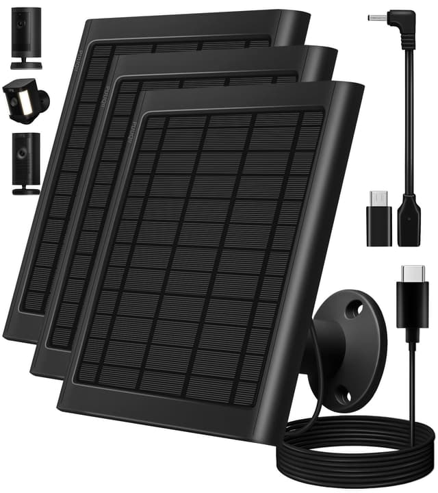 8W Solar Panel for Ring Camera, 3-Pack Solar Panel Charger Compatible with Ring Stick Up Cam Battery, Spotlight Cam Battery, Includes Barrel Plug to USB-C Adapter, IP65 Waterproof, 10ft Cable
