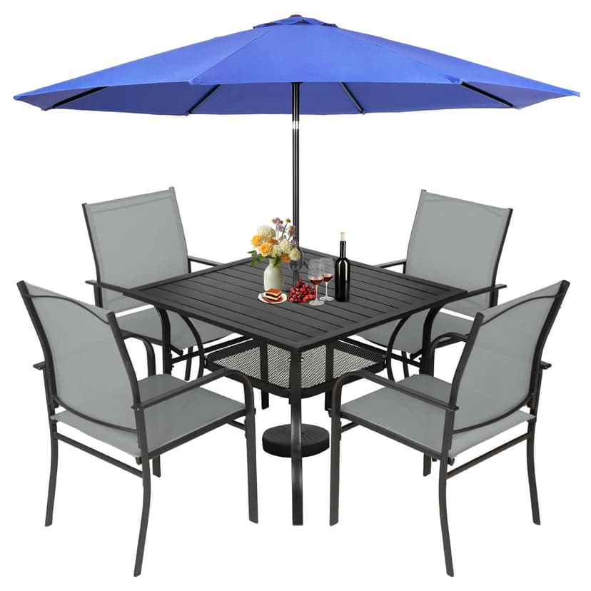 Incbruce 6 Pieces Patio Dining Set with Dark Blue Umbrella, Outdoor Dining Set of 4 Textilene Chairs and Square Table with Umbrella Hole for Backyard, Garden, and Poolside (Grey)