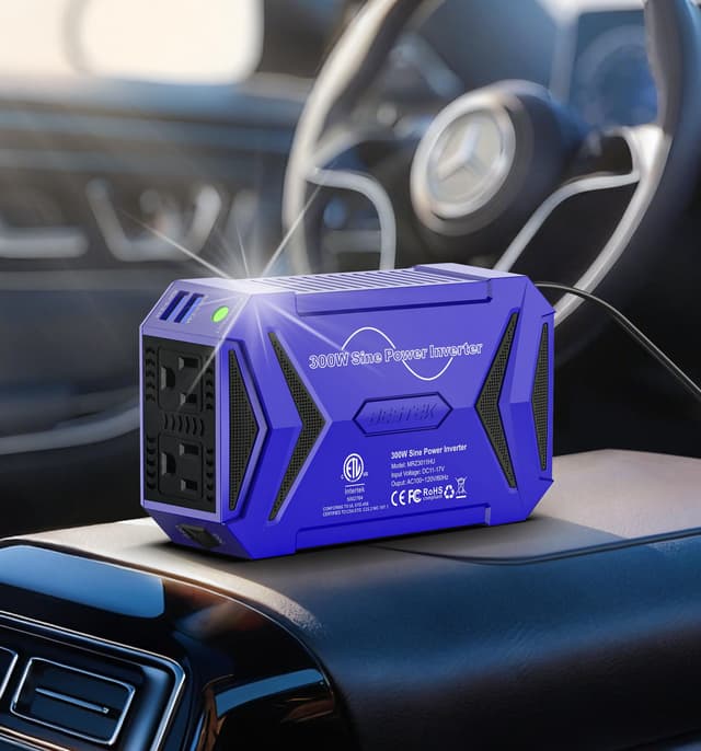 BESTEK Pure Sine Wave Power Inverter - 300W Car Plug in Charger Outlet DC 12V to 110V AC - Cigarette Lighter Adapter with 4.8A Dual USB Fast Charging Ports for Phone, Laptop, CPAP - Blue