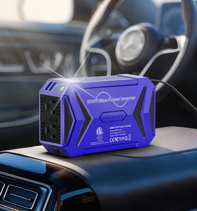 BESTEK Pure Sine Wave Power Inverter - 300W Car Plug in Charger Outlet DC 12V to 110V AC - Cigarette Lighter Adapter with 4.8A Dual USB Fast Charging Ports for Phone, Laptop, CPAP - Blue