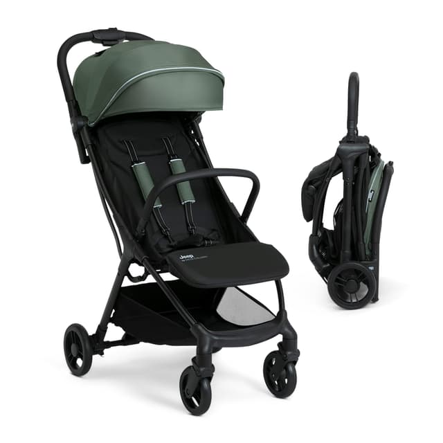Jeep Altitude Compact Travel Stroller by Delta Children Greenguard Gold, Easy One Hand Fold, Lightweight, Extendable Canopy with Peek-a-Boo Window, Reclining Seat, 4 Wheel Suspension, Olive Green