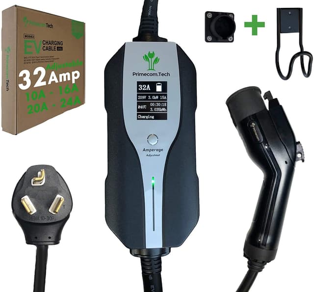 PRIMECOMTECH Primecom.Tech Level 2 Electric Vehicle (EV) Charger Amperage Adjustable (10Amp - 16Amp - 20Amp - 24Amp - 32Amp) 30Ft Cable EVSE Plug-in Hybrid (40 FT, 10-30P)