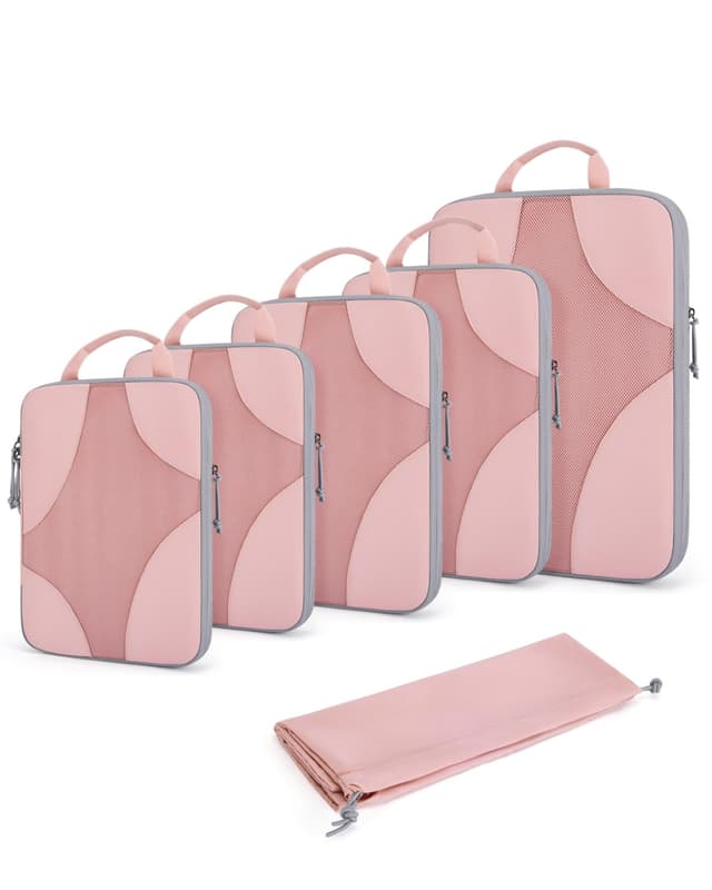 BAGSMART Compression Packing Cubes for Travel, Compressible Luggage Organizer for Cruise Ship, Lightweight Travel Essentials 6-Pack 1L+2M+2S+1Shoe Bag, Pink