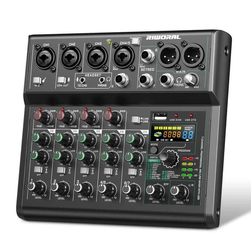 USB interface Audio 7 Channel Mixer With Effects 88 Dsp Digital DJ Mixing Board Bluetooth Music Player 48v Line For Condenser Mic Audio Mixer to PC/Phone For Karaoke Record Livestream