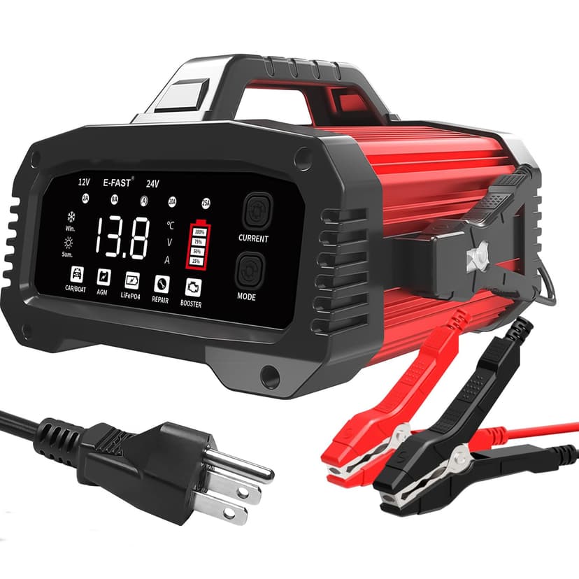 E-FAST 25A Smart Car Battery Charger, 12V/24V Automatic Automotive Battery Maintainer & Desulfator with 200s Booster Mode - Adjustable Amp Trickle Charger for Lead-Acid, AGM, Gel, LiFePO4