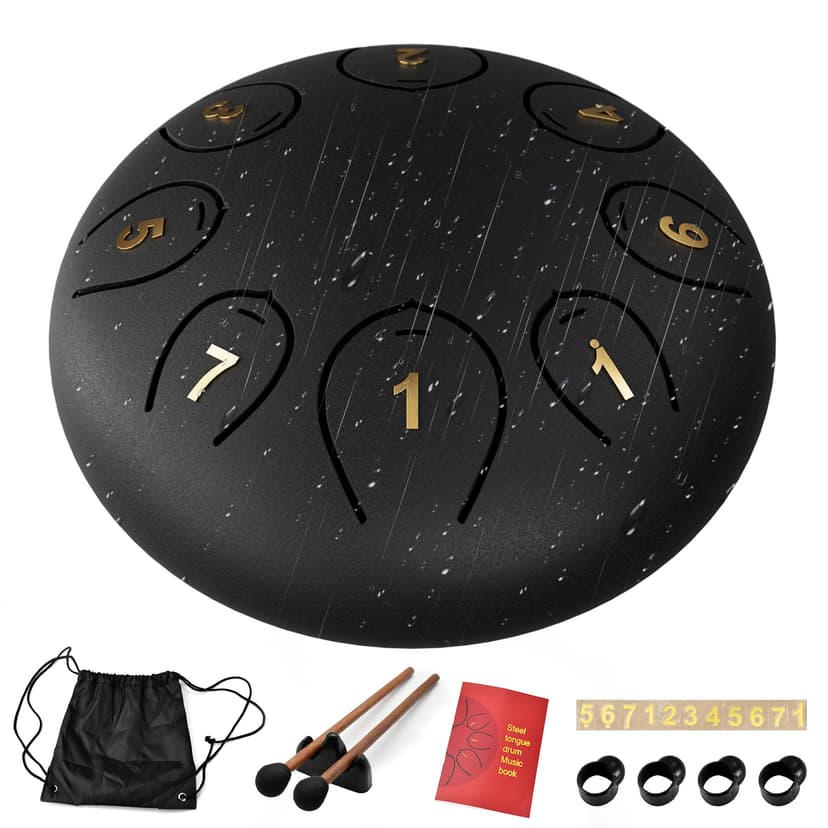 Steel Tongue Drum 6 Inch 8 Notes, Rain Drums for Outside C major, Hang Instrument, Handpan for Kids, Ethereal Hand Pan for Meditation Yoga Musical Education, Black