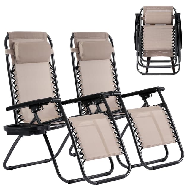 Pazidom Zero Gravity Chair Set of 2, Folding Lounge Chair Adjustable Reclining Chair Camping Lawn Chair w/Pillow and Cup Holder Tray, Folding Chair Outdoor Chairs - Comfortable & Breathable, Tan