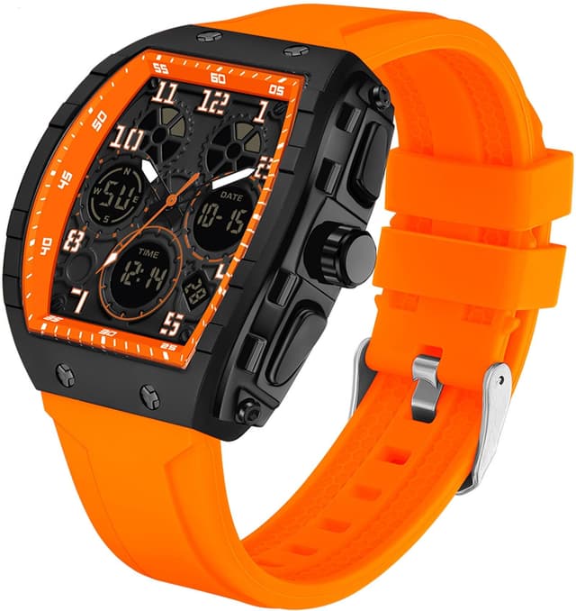 findtime Watches for Men Relojes para Hombres Orange Wristwatch with Digital Analog Dual Time Display Countdown Stopwatch Punk Cool Design 5ATM Waterproof Mens Watch