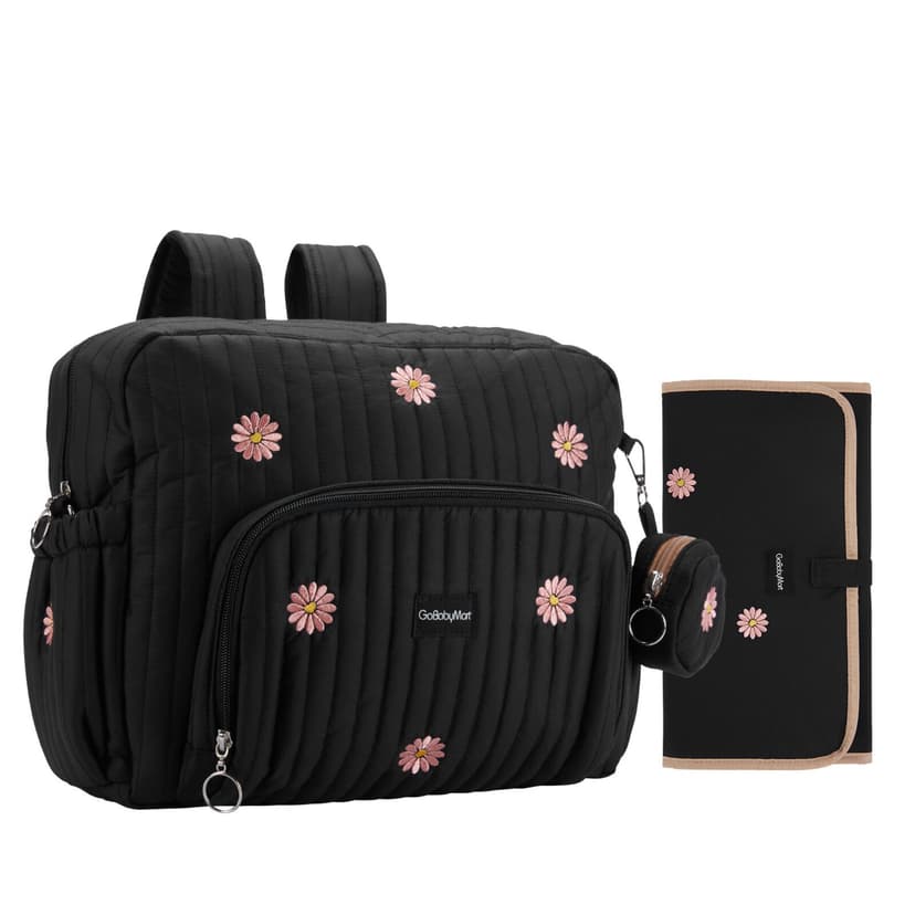 GOBABYMART Diaper Bag Backpack, Medium Maternity baby bag & Changing Pad, Insulated Pockets, Stroller Straps & Pacifier Case (Medium - Black Flowers)