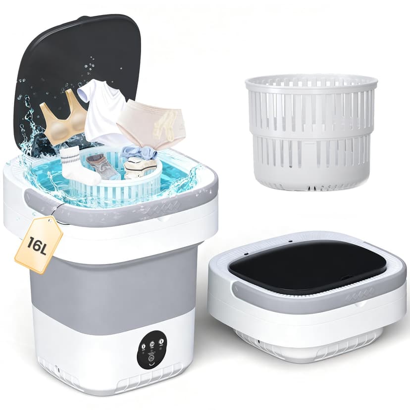 Portable Washing Machine - 16L Mini Foldable Washer with Spin Basket, 3 Cleaning Modes & Deep Cleaning for Small Clothes, Collapsible Laundry for Apartment, Home, Hotel and Travel (Gray)