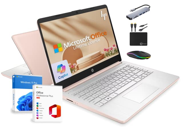 HP 14" Laptop 2025 Business Student Slim Computer, Lifetime MS Office, Copilot AI, Quad-Core Intel CPU, 16GB RAM, 628GB Storage (128GB UFS+500GB Ext), MarxsolAccessory, Wi-Fi 6, Win 11 Pro, Rose Gold