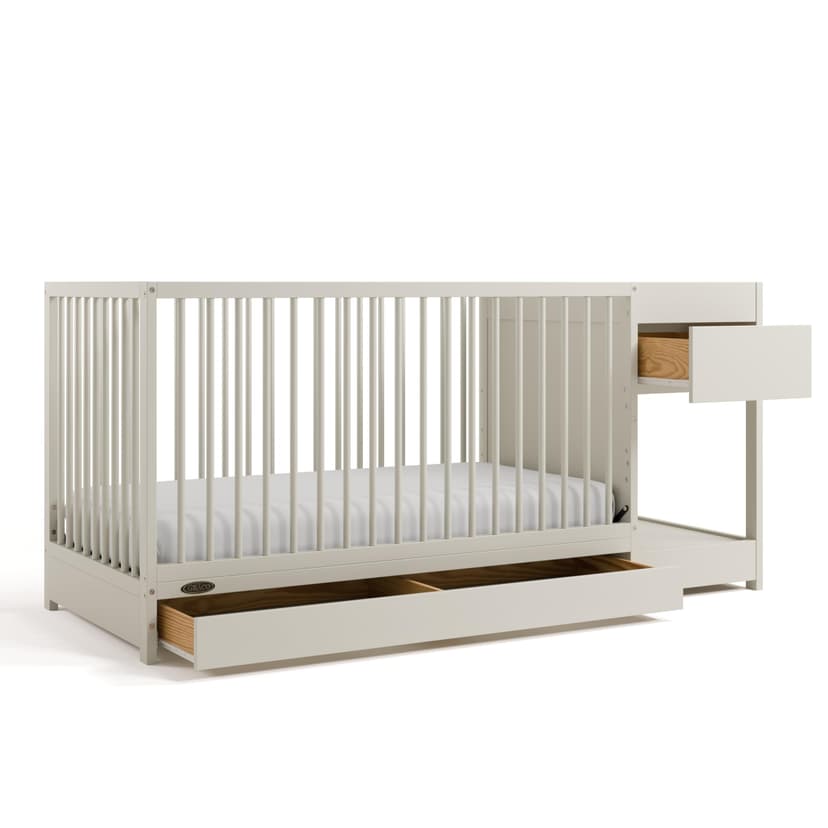 Graco Teddi 5-in-1 Convertible Crib & Changer with Drawer (Frosted Oat) – GREENGUARD Gold Certified Baby Crib Crafted from Wood, Converts to Toddler Bed, Daybed, and Full-Size Bed