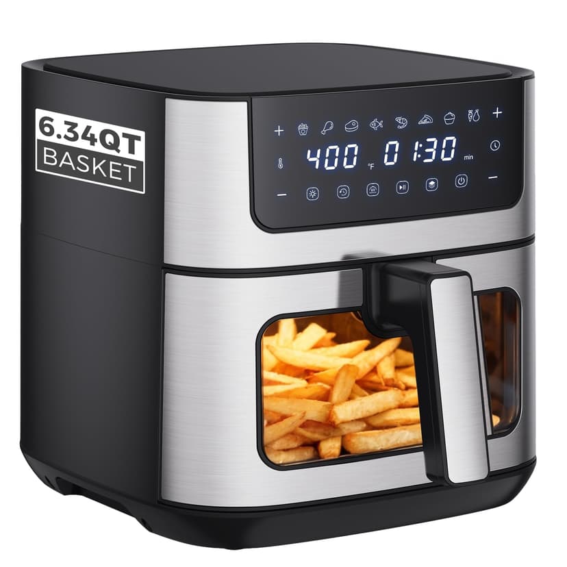 OLIXIS 6.34QT Air Fryer with Window, 8 Food Presets with 400°F Max Heat, 90-Min Timer, Nonstick Dishwasher-Safe Basket for Air Fry, Roast, Reheat, Bake, Stainless Steel, Black