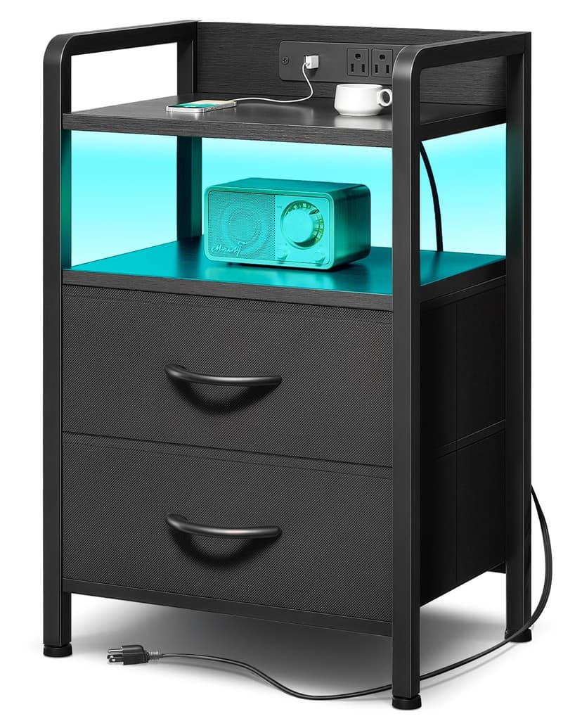 Lazzanto Night Stand Bedside Charger Bedroom - Nightstand with Charging Station & LED Light Strip, Night Stand with Storage Shelf & 2 Fabric Drawers, Morden End Table with U-S-B Ports & AC Outlets