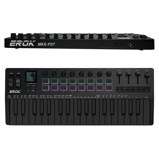 EROK 37 Keys MIDI Keyboard Controller with 3.5mm MIDI Output, 16 Backlit Drum Pads, 8 Knobs, DAW Integration & Arpeggiator, Music Production Equipment and Studio Controller (Dark)