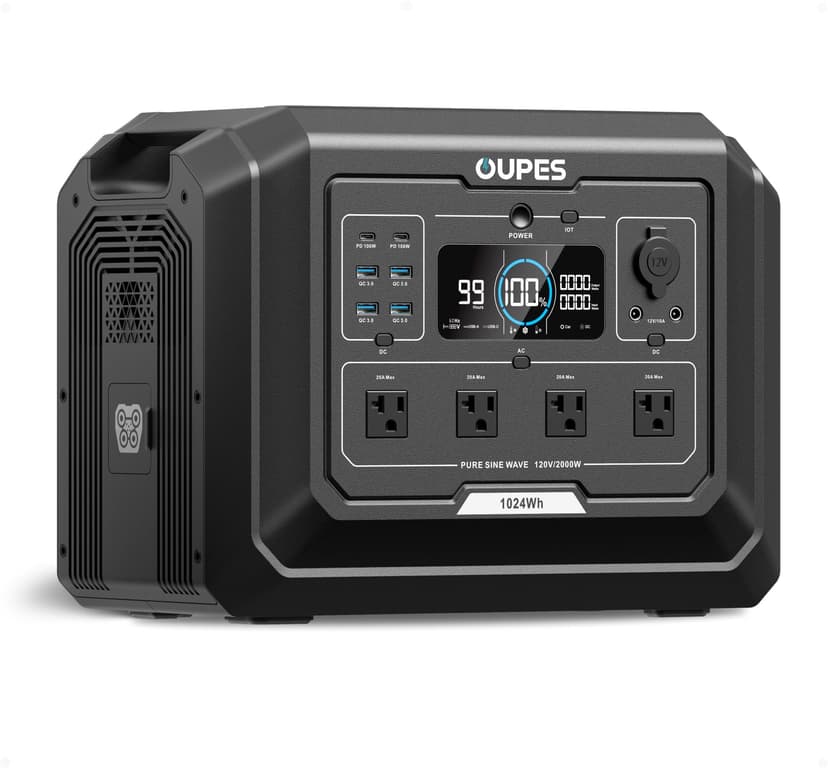 OUPES Mega 1 Portable Power Station 2000W (Surge 4500W), 1024Wh LiFePO4 Battery Solar Generator, Expandable to 5kWh, UPS, for Home Backup Power, Camping & Road Trips (Solar Panel Optional)