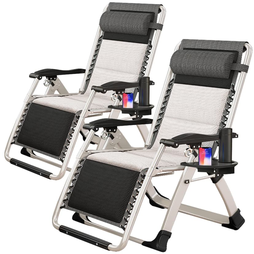ABORON 2 Pack Zero Gravity Chair, Outdoor Lounge Chairs Sun Loungers with Removable Cushion,Headrest,Cup Holder,Reclining Patio Lounger Chair for Indoor and Outdoor