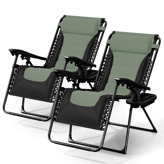 Nestl Outdoor Padded Zero Gravity Chair Set of 2, Patio Lounge Chair Outdoor Recliner, Oversized Anti Gravity Lounger with Adjustable Headrest and Cup Holder, Foldable for Camping- Black/Sage Green