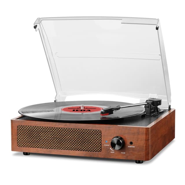 Record Player for Vinyl with 2 Build-in Speakers LP Vinyl Players Belt-Driven Vintage Turntables 3 Speed 3 Size, Wireless Bluetooth Playback, AUX-in,RCA Out, Headphone, Auto Stop Wood